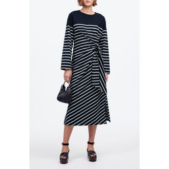 Madewell Stripe Side Tie Long Sleeve Knit Maxi Dress in Dark Navy at Nordstrom Rack, Size Xx-Large