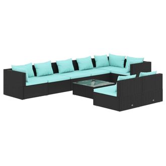vidaXL Set De Muebles De Jard&iacute;n 9 Pzas Y Cojines Rat&aacute;n Sint&eacute;tico Negro Vidaxl