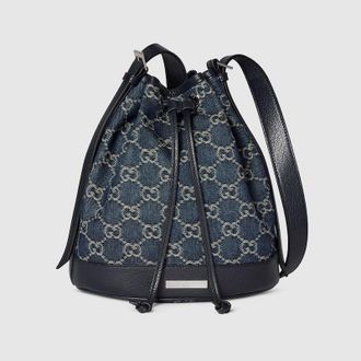 Gucci Small Bucket Bag With Gucci Plaque, Blue, Fabric