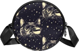 Generic Circle Crossbody Bag for Women, Cat Small Sling Bag Daypack with Zipper Adjustable Shoulder Straps Casual Ladies Girls Round Purse