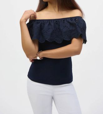 Joseph Ribkoff Eyelet Off-Shoulder Fitted Top In Midnight Blue