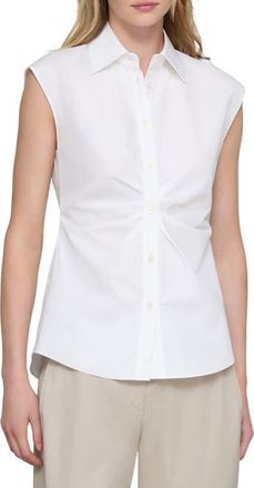 Lafayette 148 New York Irregular Pleated Sleeveless Button-Up Shirt in White at Nordstrom, Size 16