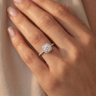 Pompeii3 1 3/4 Ct TW Moissanite & Diamond Cushion Halo Engagement Ring in 14k White Gold