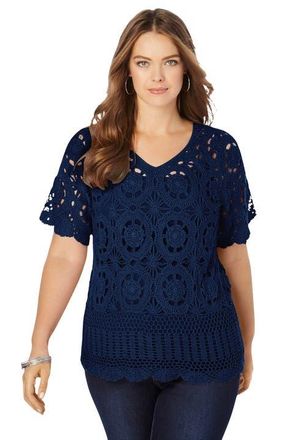 Roaman's Plus Size Medallion Pattern French Crochet Sweater Top in Navy at Nordstrom, Size Medium