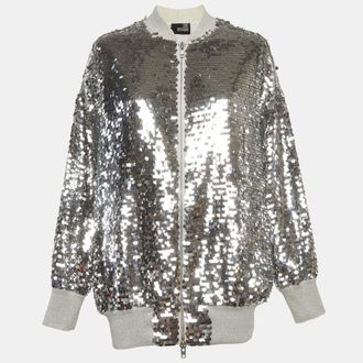 Moschino Love Moschino Silver Cotton Knit Sequins Bomber Jacket