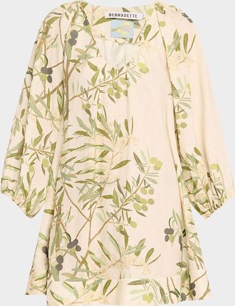 Bernadette Flowy Puff-Sleeve Printed Linen Mini Dress