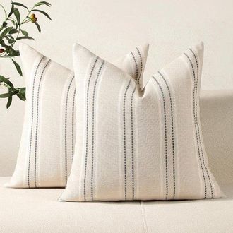 OEM Fundas De Coj&iacute;n A Rayas - Lino - 45x45 Cm - Gris - Juego De 2