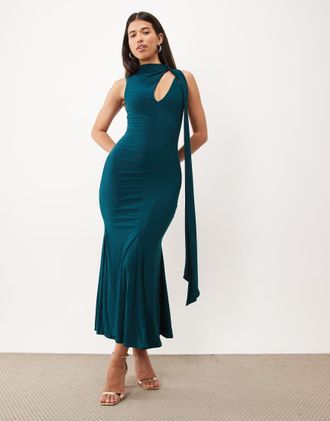 Asos vestito maxi modellante con dettaglio foulard in teal-Blu