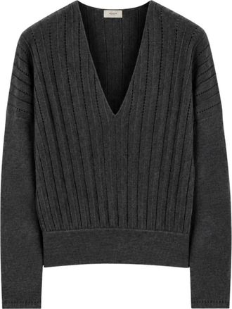 Agnona Maglione in cashmere traforato con scollo a V - - Knitwear - Donna - Grigio - S