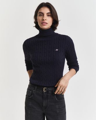 GANT Rollkragenpullover GANT STRETCH COTTON CABLE TURTLENECK, Damen, Gr. L, blau (evening blau), Strick, Obermaterial: 88% Baumwolle, 10% Polyamid, 2% Elas