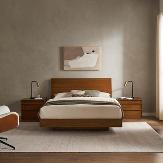 Castlery Wooden Queen Size Bed with 2 Nightstands Set | Modern Walnut Tones, Brown Finish for Women