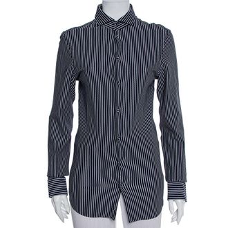 Emporio Armani Navy Blue Striped Cotton Knit Button Front Shirt