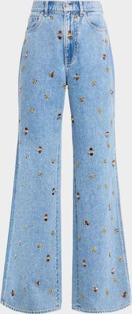 Veronica Beard Kasey Embellished Denim Mid-Rise Wide-Leg Jeans
