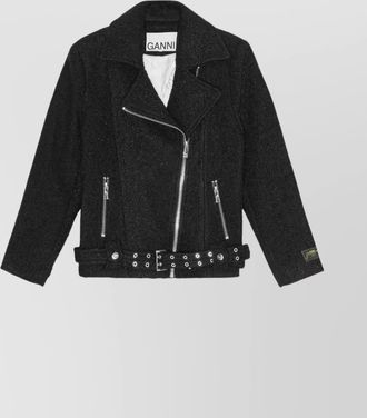 Ganni wool blend biker jacket with boucl&eacute; design