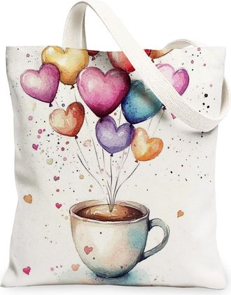 Generic Fanciful Hearts Canvas Tote Bags, Colorful Balloon Heart Pattern Reusable Grocery Bags, Lightweight Washable Shoulder Strap Canvas for Shopping Travel