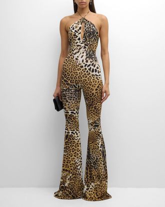 Roberto Cavalli Leopard-Print Halter Flared Jumpsuit