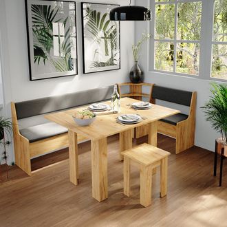 Vicco Conjunto Con Banco Esquinero Roman, Roble Dorado, 210 X 41.5 Cm Con Mesa