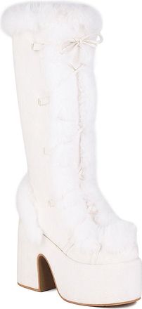 Generic Womens Faux Suede Warm Winter Boots with Side Zipper Round Toe Knee High Boots Block Heel Platform Long Boot,White,2.5 UK