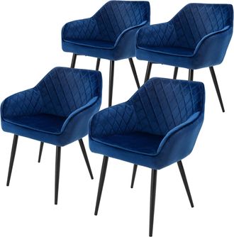 ML Design Ml-design Set 4x Sillas De Comedor Azul Oscuro Estilo Moderno Asiento Tapizado De Terciopelo Patas De Metal Negras Con Respaldo Y Apoyabrazos Sill&oacute;n E