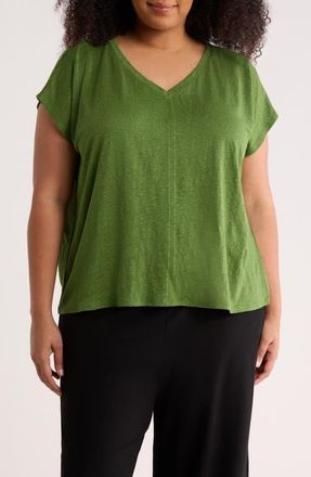 Eileen Fisher Boxy V-Neck Organic Linen T-Shirt in Field at Nordstrom, Size 2 X