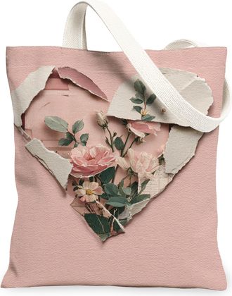Generic Floral Heart Canvas Tote Bags, Vintage Flower Pattern Reusable Bags, Spring Chic Lightweight Washable Shoulder Strap Canvas, Peach, 13x15 Inch