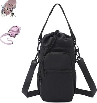 Generic Large Capacity Water Bottle Shoulder Bag, Multi-Pocket Storage Holder for 40oz Bottle, Lightweight for Hiking Camping Travelling (Black)