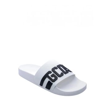GCDS Sliders, male, White, Size: 12 US Sporty White Mens Sliders with Logo Chain