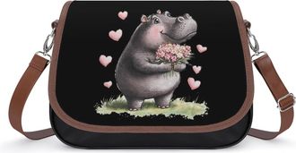 Generic Cute Hippopotamus Flowers Leather Crossbody Bags for Women Messenger Handbag Purse Shoulder Bag