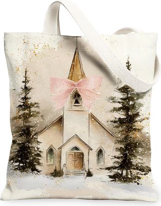 Generic Winter Church Canvas Tote Bags, Elegant Church Design Reusable Grocery Bags, Holiday Vintage Washable Shoulder Strap Canvas, Beige, 13x15 Inch