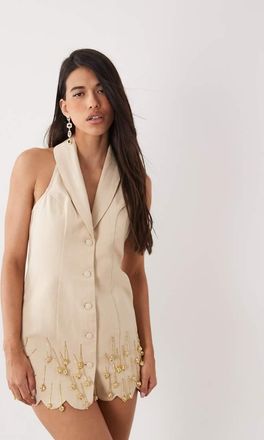 Asos Vestito corto in tessuto effetto lino neutro con decorazioni