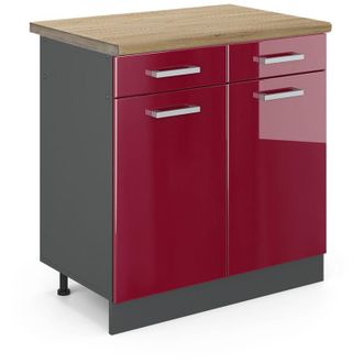 Vicco Mueble Bajo De Cocina R-line, Rojo Burdeos Alto Brillo, 80 Cm, Et Roble