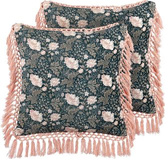 Beliani Conjunto De 2 Cojines De Terciopelo Verde Azulado Rosa 45 X 45 Cm Floral Parrotia