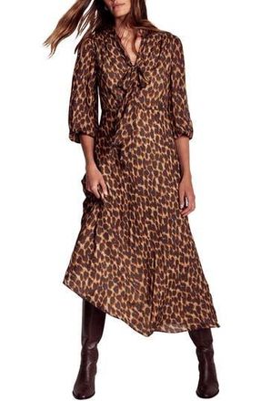 Boden Leopard Print Tie Neck Midi Dress in Sand Abstract Leopard Spot at Nordstrom Rack, Size 0