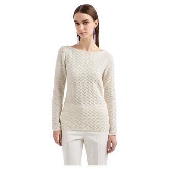 Emporio Armani Tops, Dames, Beige, M, Jacquard Jersey Jumper met Reli&euml;fpatroon