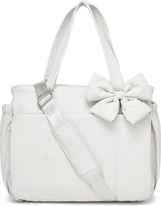 Generic Lightweight Crush Bow Tote Bag For Women Large Work Tote with Puffer Quilted Shoulder Travel Tote Bag for Work, Yoga, Gym, Grayish-white