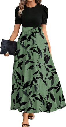 Generic Womens Summer Maxi Dress Casual Floral Boho Short Sleeve Round Neck Tie Waist Beach Long Dresses,Casual Floral Sundress with Pockets Tunic T-Shirt Dre