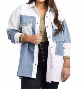 Miss Me Woven Denim Jacket In Patchwork Blue & White