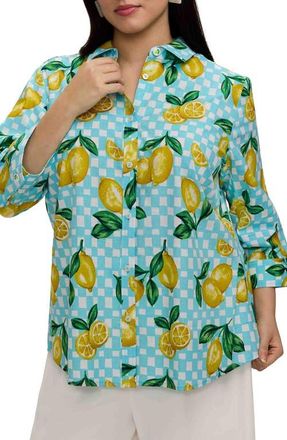 Foxcroft Hampton Riv Print Cotton Button-Up Shirt in Blue Multi at Nordstrom, Size 1X