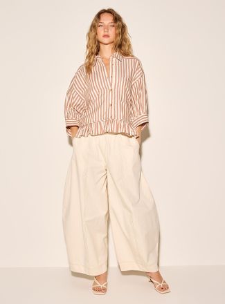 Icone Womens Puff-sleeve ruffle trim striped shirt