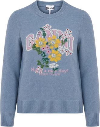 Ganni Trui met Bloemen - Dames - Ronde hals truien - Blauw - L - Wol - Truien & Vesten
