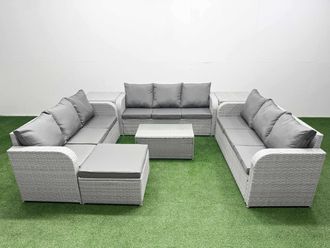 Fimous PE Rattan Lounge Sofa Set 10 Seater Outdoor Garden Furniture Set w/ Rectangular Coffee Table 3 Seater Sofa Big Footstool 2 Side Table Light