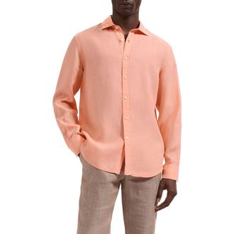 Bugatchi Axel Shaped Fit Linen Button-Up Shirt in Papaya at Nordstrom, Size Xxx-Large