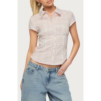 Edikted Naiah Plaid Short Sleeve Tailored Button-Up Shirt in Pink-And-White at Nordstrom, Size X-Large