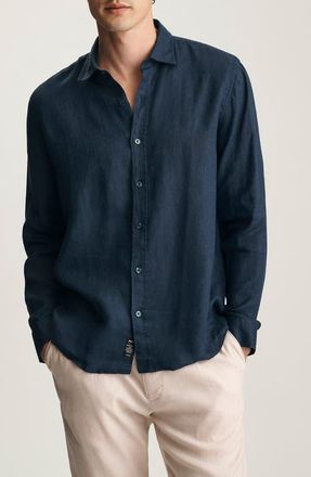 Mavi Regular Fit Linen Button-Up Shirt in Black Iris at Nordstrom, Size Xx-Large