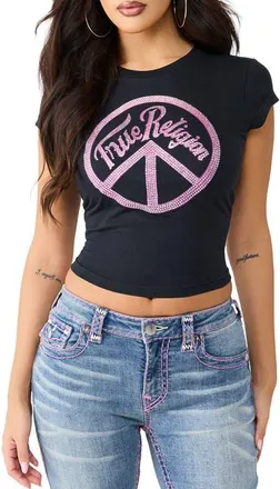True Religion Crystal Embellished Graphic Stretch Cotton Baby Tee in Jet Black at Nordstrom, Size Xx-Large