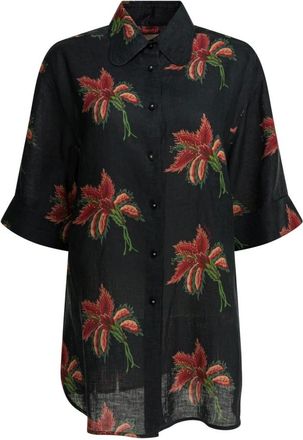 Valentino Overhemden, Dames, Zwart, M, Bloemenprint Shirt met Korte Mouwen