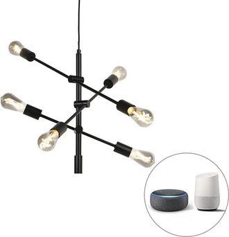 QAZQA Industrial L&aacute;mpara Colgante Inteligente Industrial Negra Con 6 St64 Wifi - Sydney Acero Alargada Adecuado Para Led Max. 6 X 7 Watt - Qazqa