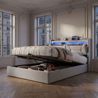 OEM Cama Lit 140x200 Cm Gris Claro De Lino Con Led Rgb, Usb, Somier De Lamas Y Almacenamiento Hidr&aacute;ulico