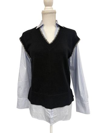 THML Clothing Womens V-Neck Mixed Media Layered Neck Top In Black