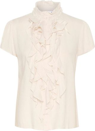 Saint Tropez Elegante blouse met korte mouwen en ruche - Dames - Blouses - Wit - XS - Linnen - Overhemden